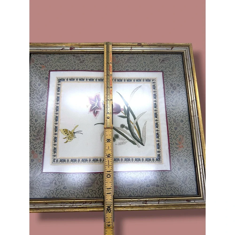 Vintage Framed Silk Embroidery Floral Butterfly Chinoiserie Wall Art 13x12